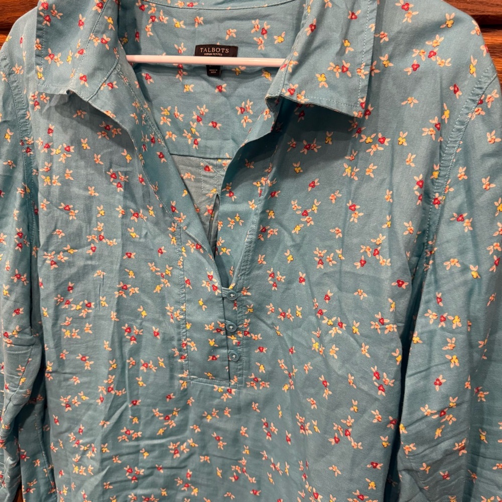 Talbots Top Blouse 2XP Blue Floral Collar Lightweight Boho Casual Petite